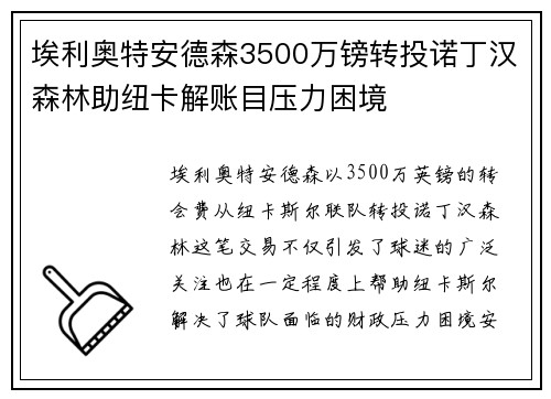 埃利奥特安德森3500万镑转投诺丁汉森林助纽卡解账目压力困境 埃利奥特安德森3500万镑转投诺丁汉森林助纽卡解账目压力困境